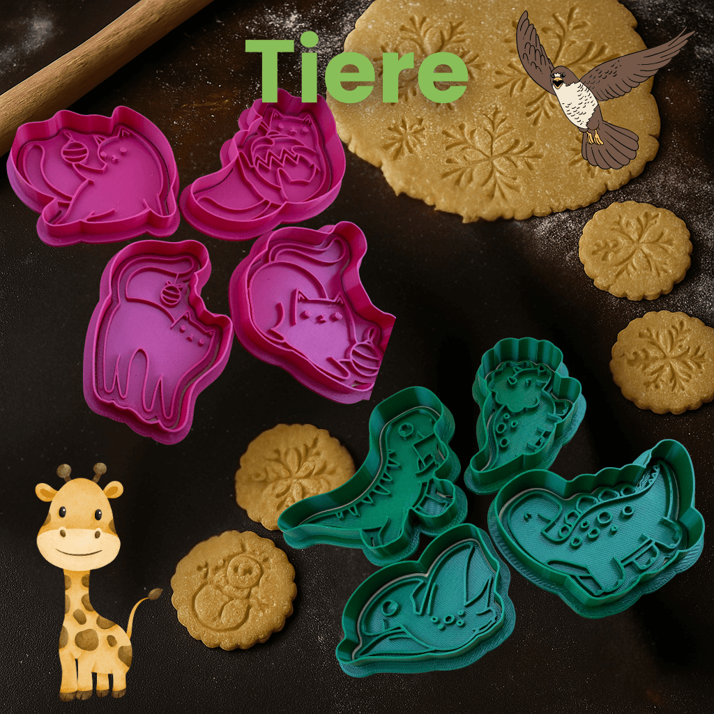 Tierische Keks Ausstecher auf bemehltem Teig, darunter Elefant, Dino, Katze und Vogel – ideal für kreativen Backspaß! 🐾