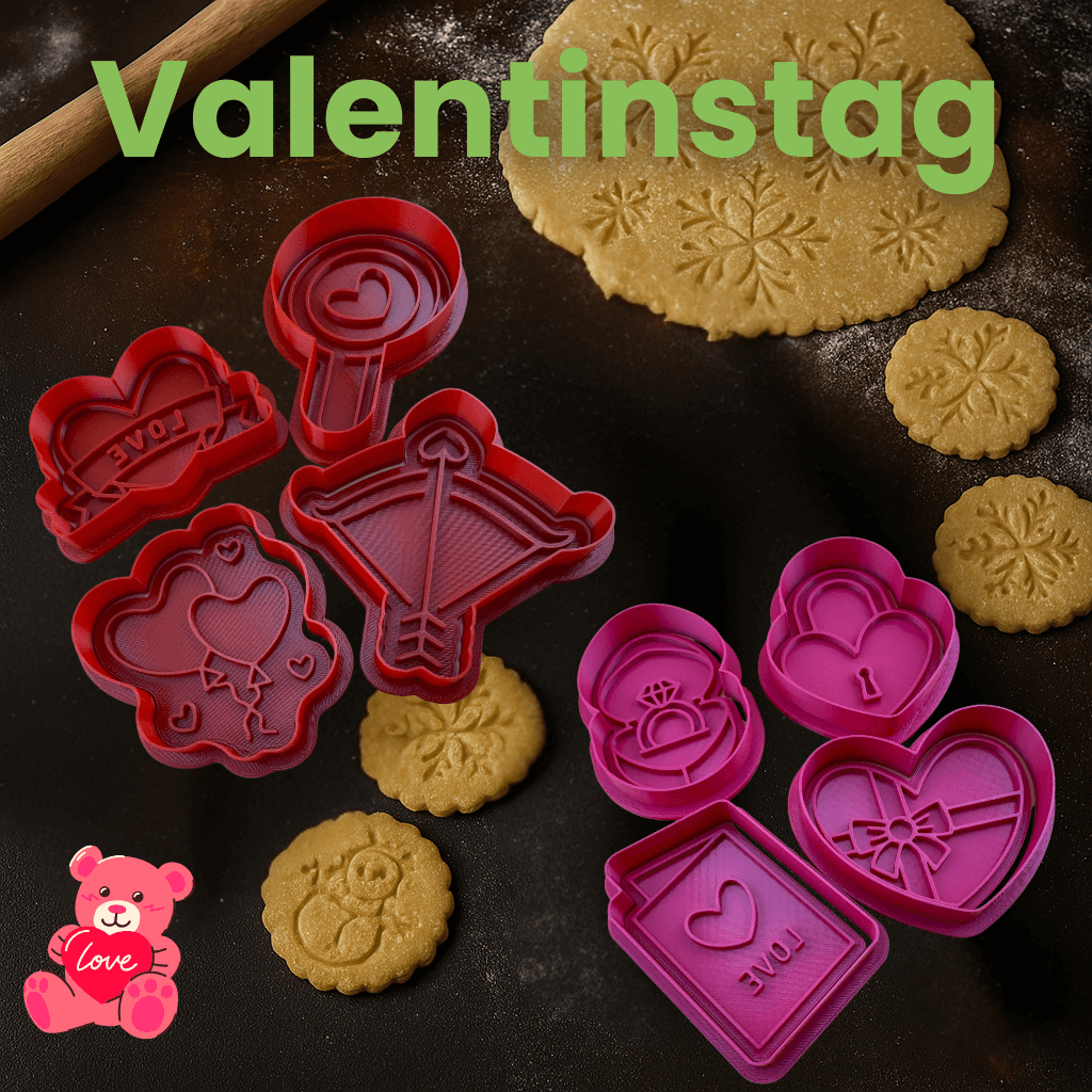 Collection of Valentine's Day cookie cutters in red and pink with heart and love themes, perfect for baking romantic treats.