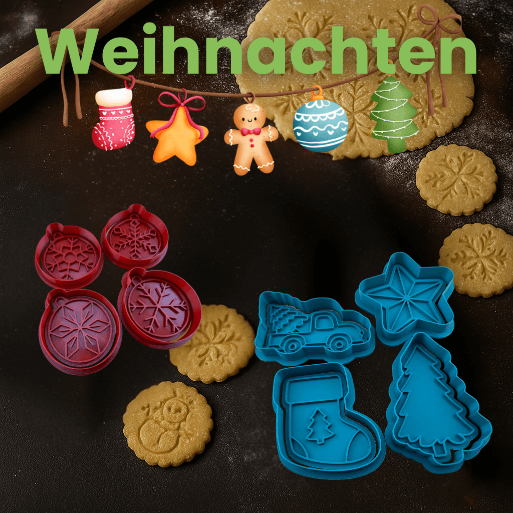 Festive Christmas cookie cutters in holiday shapes like snowflakes and Christmas trees, perfect for baking holiday treats.
