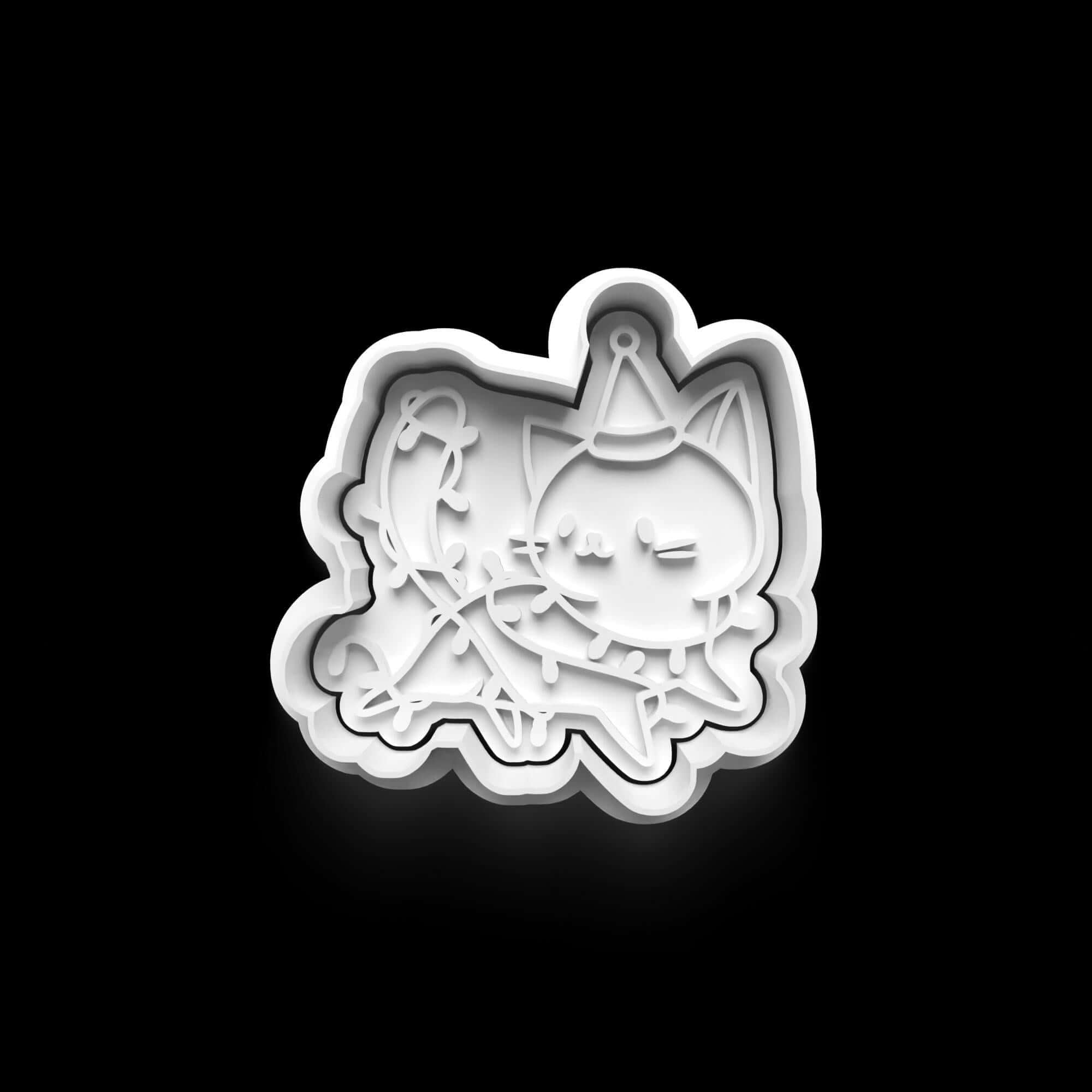 Weihnachtliche Keks-Ausstechform einer Katze mit Lichterkette, perfekt für Katzenliebhaber und Weihnachtsfans. Backzubehör für festliche Stimmung.