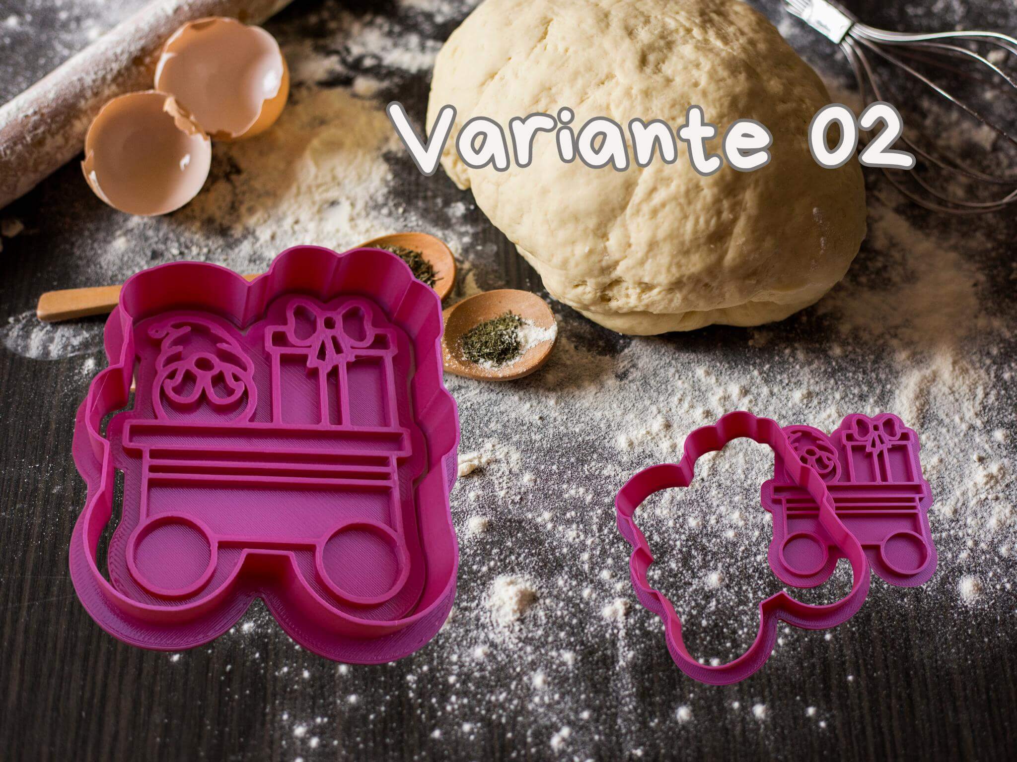 Festive pink gift wagon cookie cutter from the Weihnachtszug set on a baking table with dough and eggs.