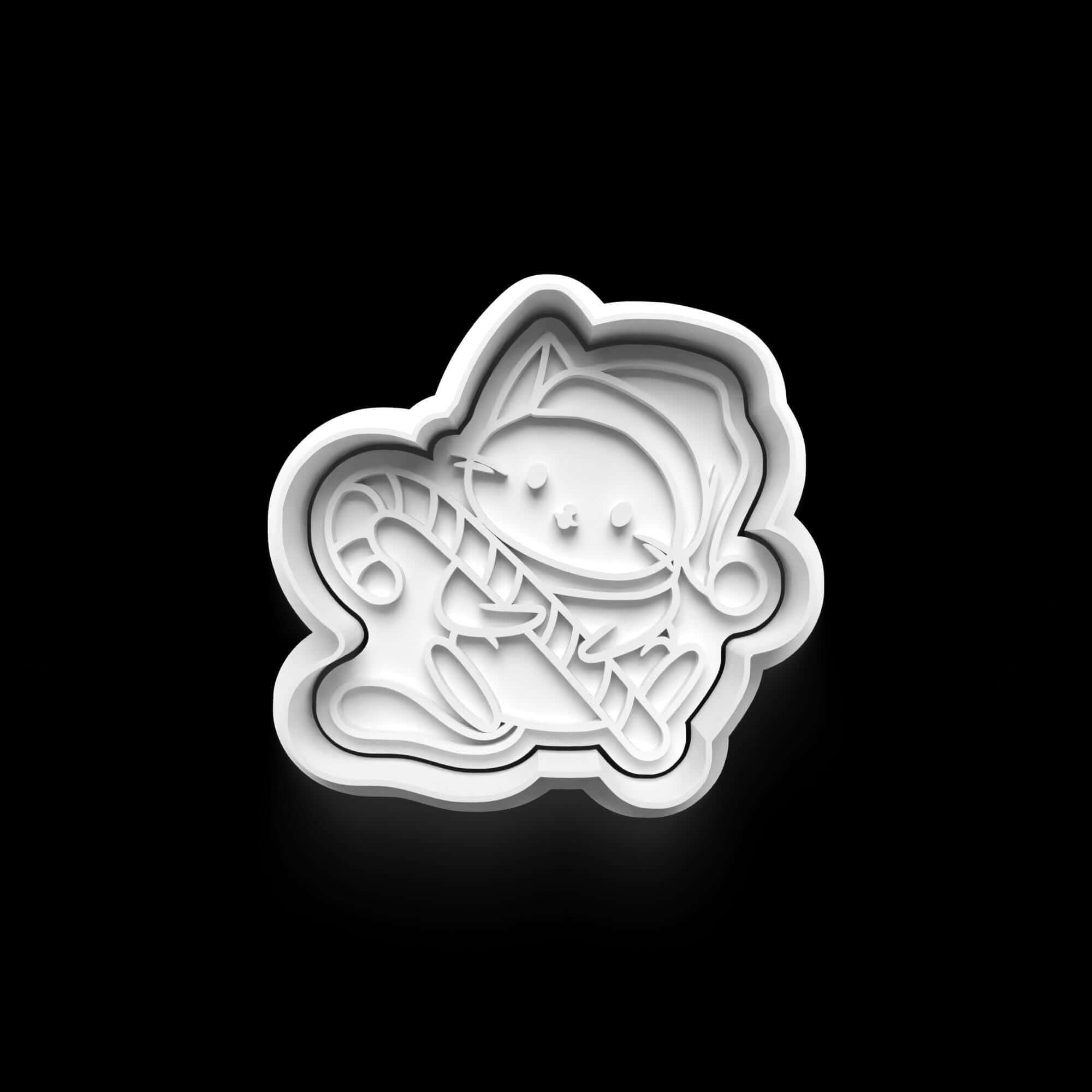 Festive cat cookie cutter with Christmas candy cane design, perfect for holiday baking and cat lovers. Ideal for making fun cookies.