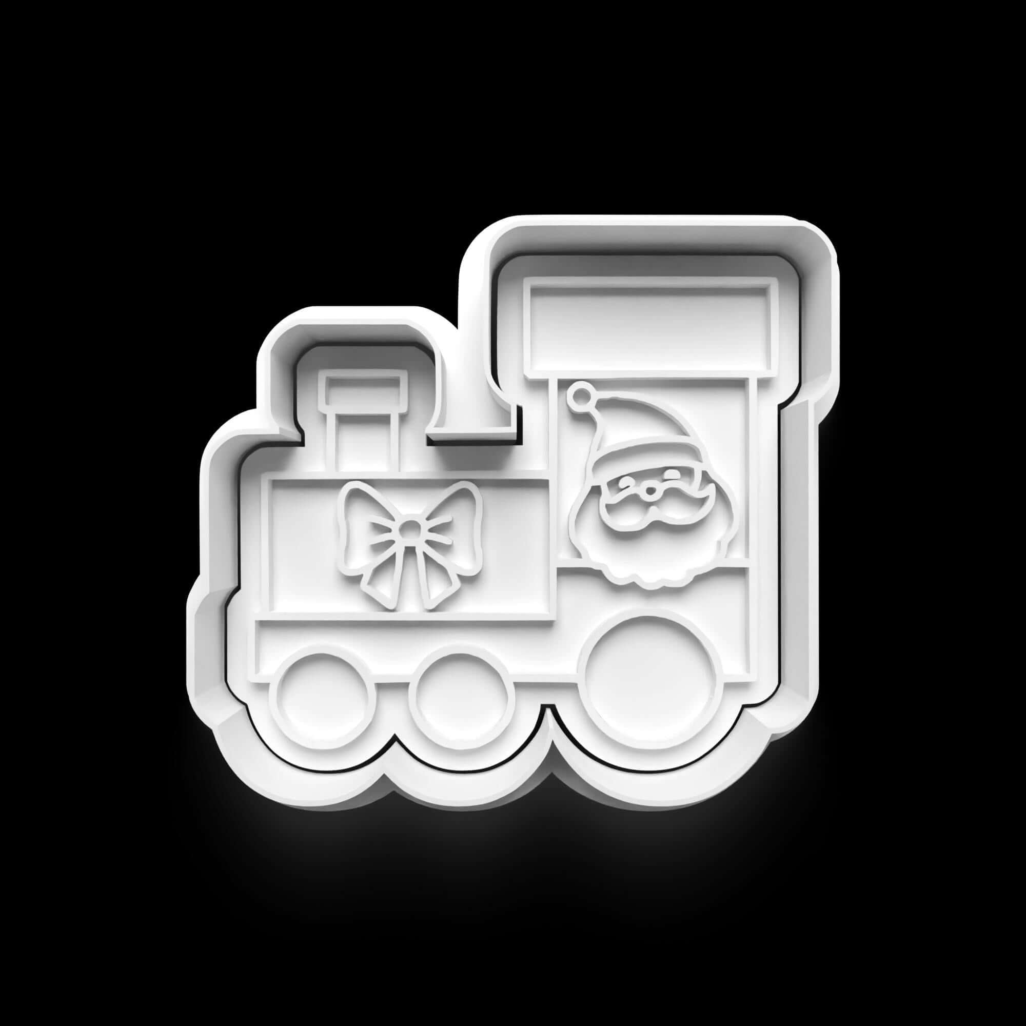 Christmas train cookie cutter featuring Santa's locomotive with gift motif, perfect for festive baking fun.