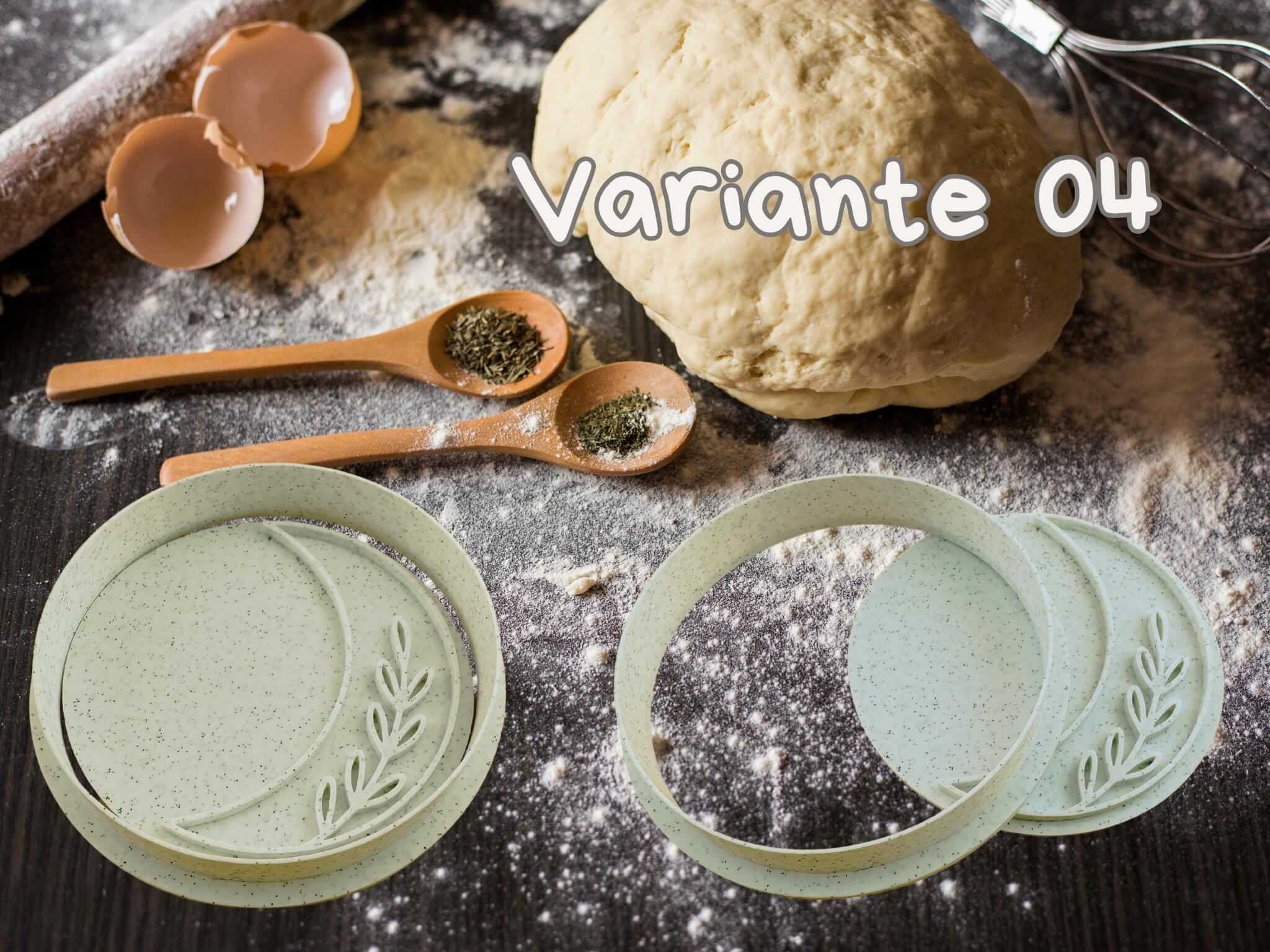 Mystical moon phase cookie cutters with dough, spices, and baking scene in Variante 04 setting.