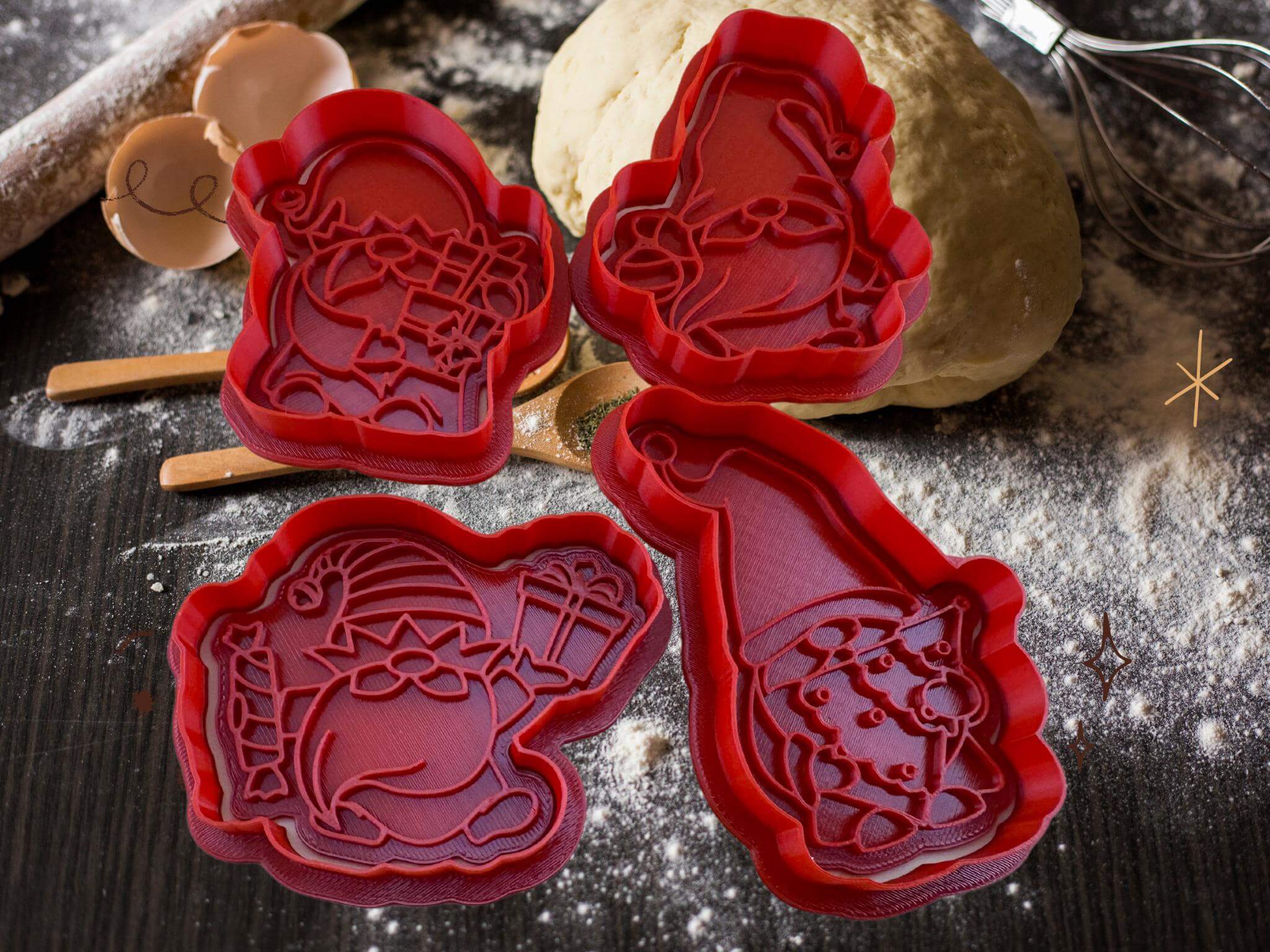 Set of four red gnome-themed Christmas cookie cutters on a floured kitchen counter, ready for festive baking fun.